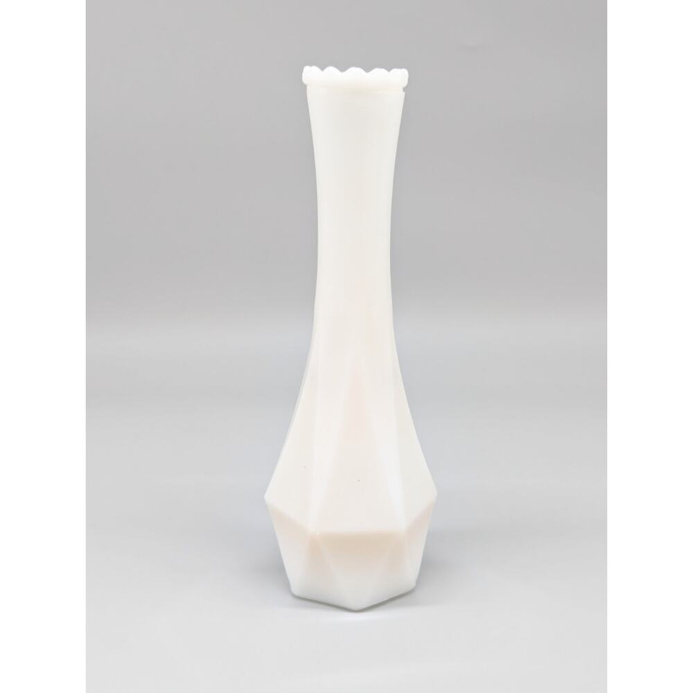 Vintage MCM White Bud Vase Geometric Design Scalloped Rim Milk Glass 8 3/4"